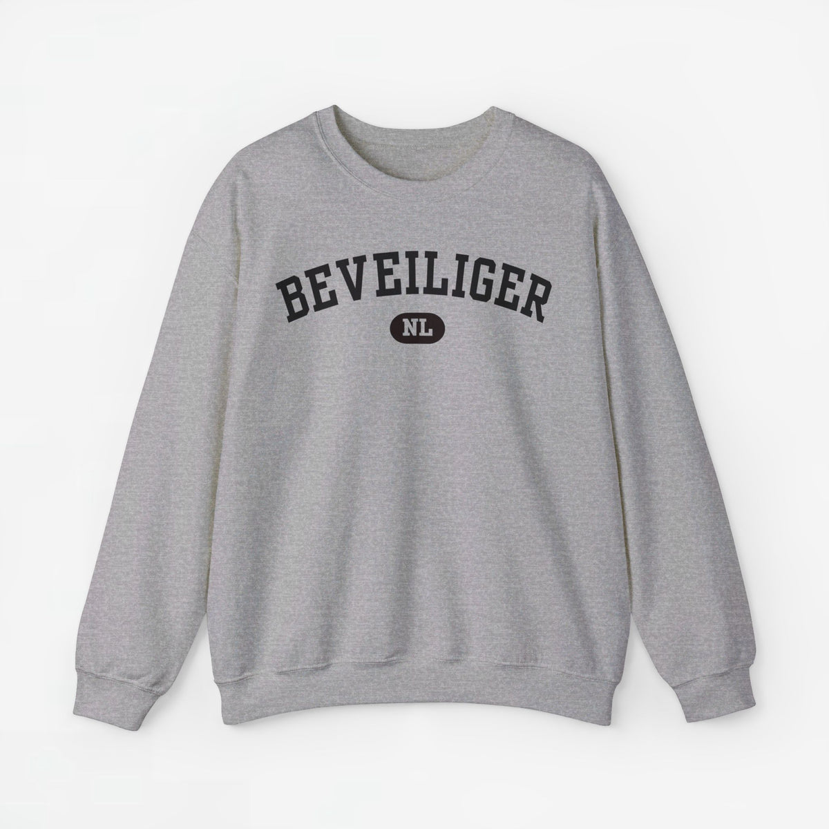 Grijze trui met ronde hals en BEVEILIGER-print met NL-logo