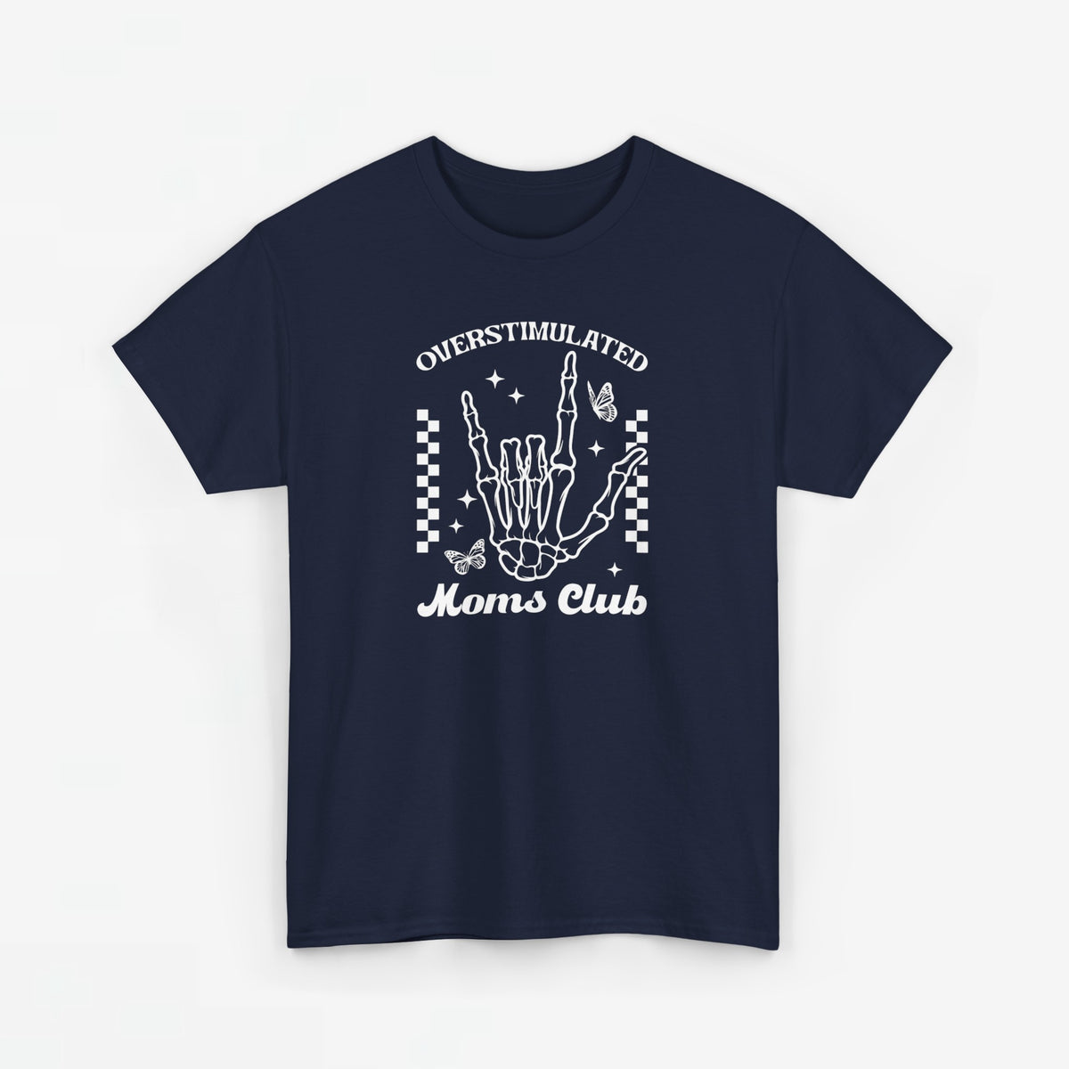 Donkere (blauwn) t-shirt met ronde hals en witte 'Moms Club' handprint op borst