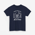 Donkere (blauwn) t-shirt met ronde hals en witte 'Moms Club' handprint op borst