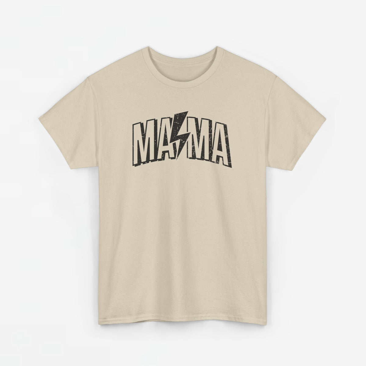 Beige T-shirt met korte mouwen en zwarte “MAMA”-print op de borst