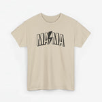 Beige T-shirt met korte mouwen en zwarte “MAMA”-print op de borst