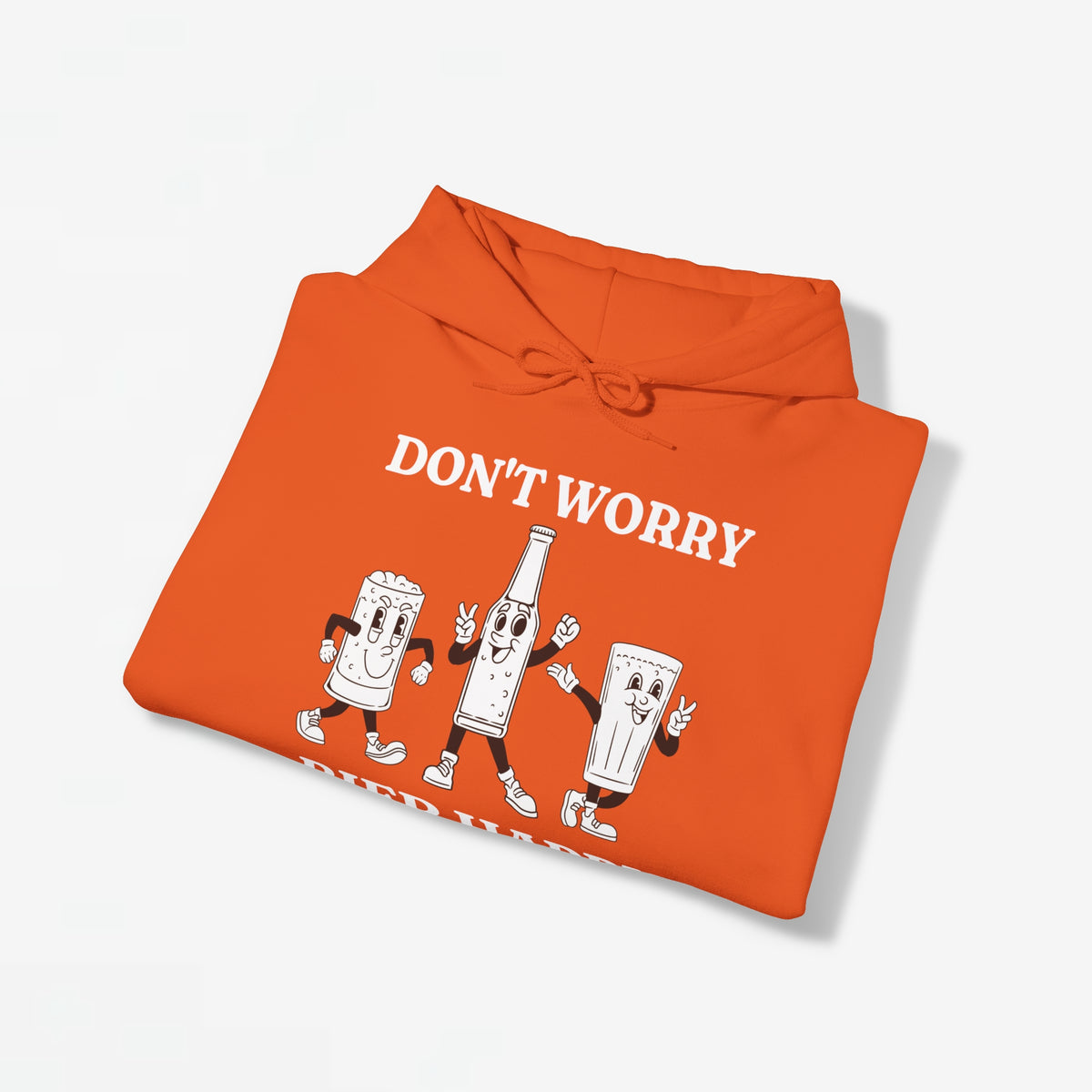 Oranje opgevouwen oversized hoodie met voorprint 'DON'T WORRY BIER HAPPY'