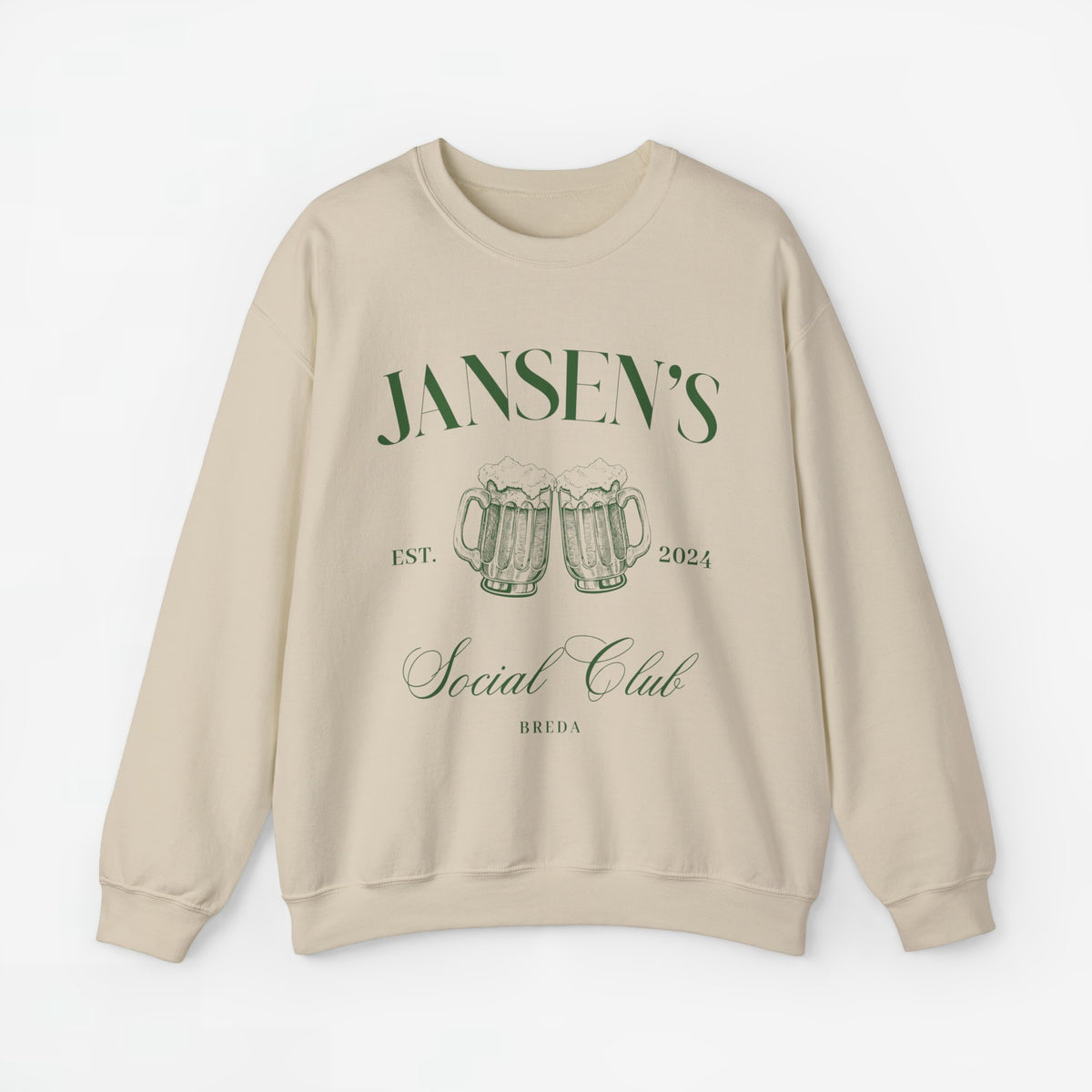 Zandkleurige sweatshirt met opdruk 'JANSEN'S', bierpullen en 'EST. 2024', ronde hals