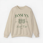 Zandkleurige sweatshirt met opdruk 'JANSEN'S', bierpullen en 'EST. 2024', ronde hals