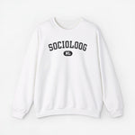 Witte trui met ronde hals en 'SOCIOLOOG' print met NL-logo op borst.