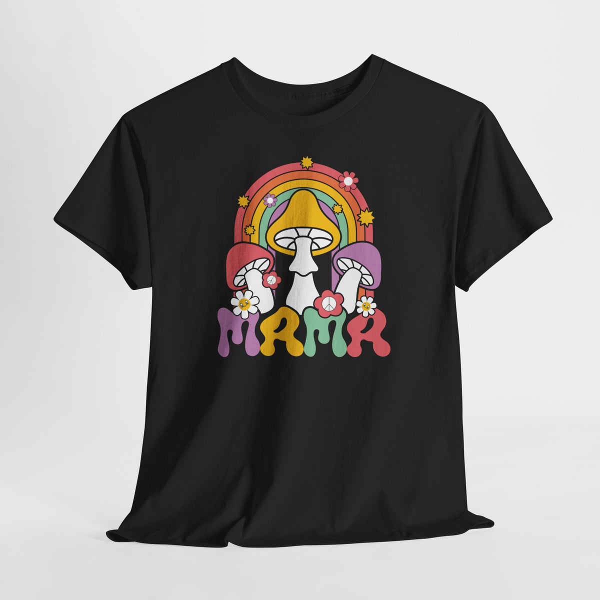 Zwart T-shirt met regenboogpaddenstoelprint en roze 'mama' letters