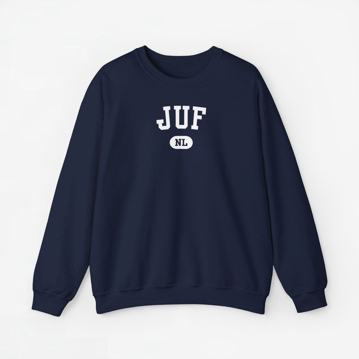 Marineblauwe sweater met ronde hals en JUF NL-print op de borst