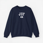 Marineblauwe sweater met ronde hals en JUF NL-print op de borst