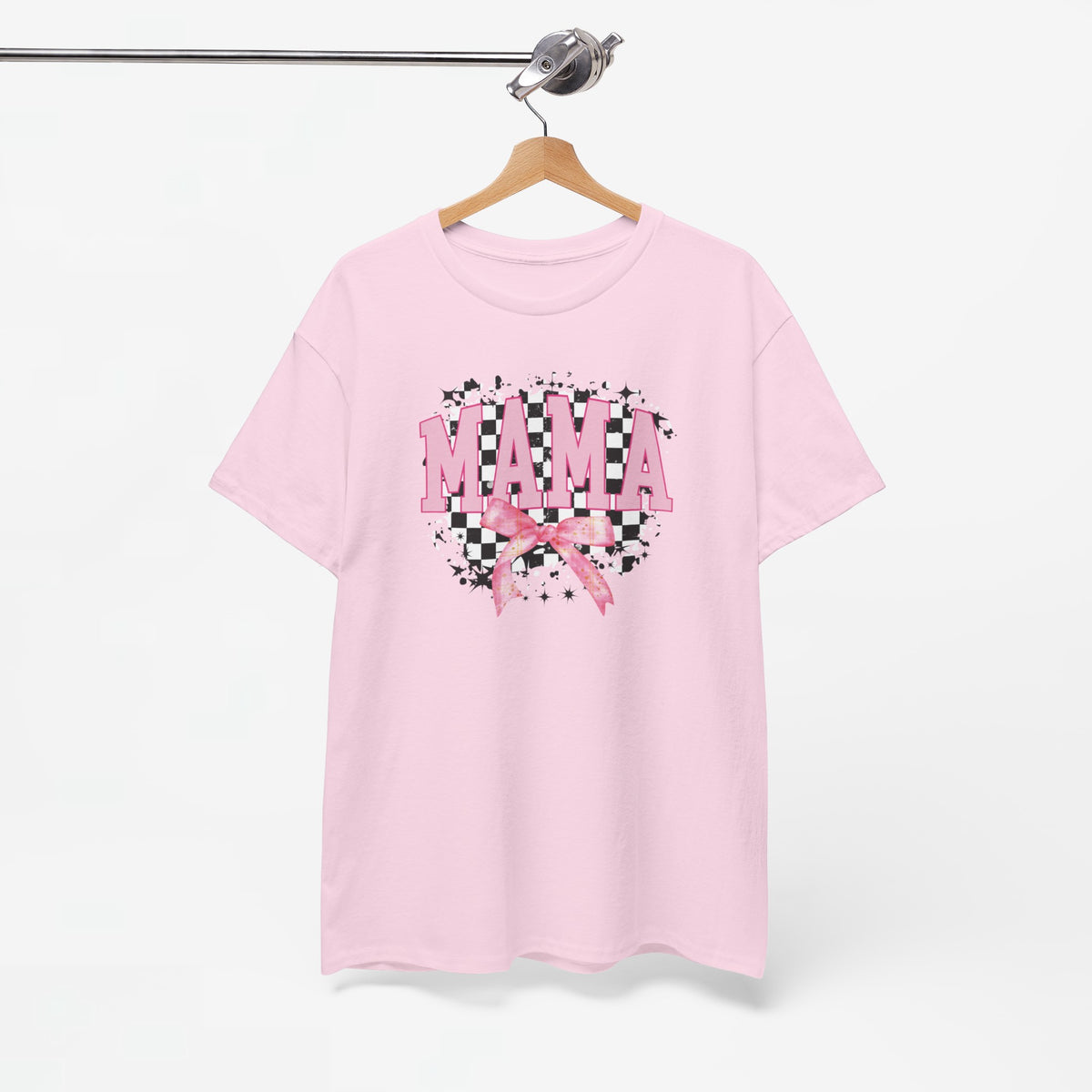Roze T-shirt met ronde hals en MAMA-graphic met strik
