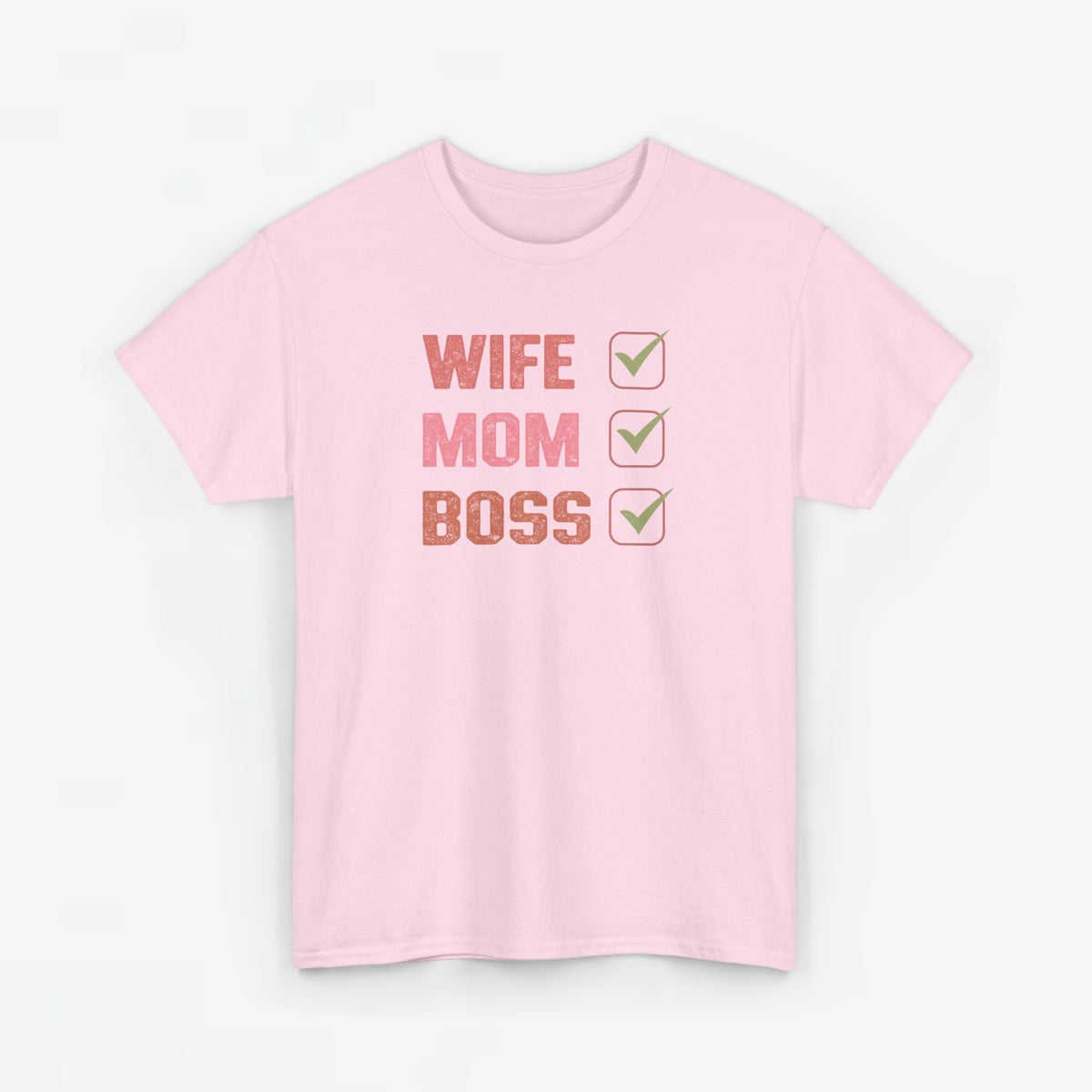 Roze t-shirt met ronde hals en opdruk 'WIFE MOM BOSS' met vinkjes