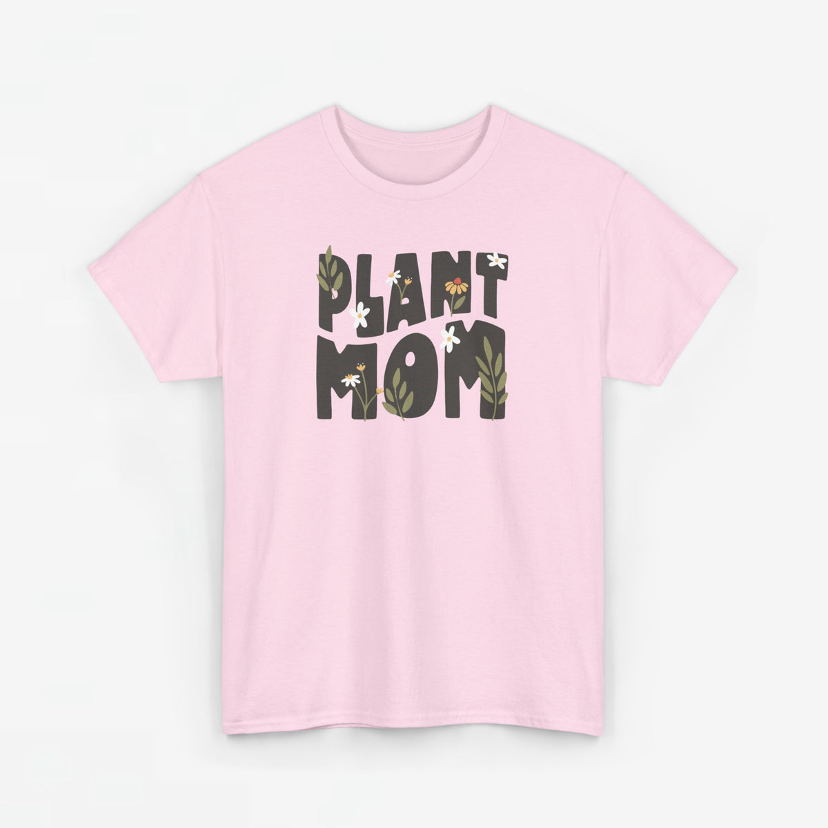 Roze T-shirt met 'Plant Mom'-opdruk met bloemen en planten