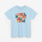T-shirt lichtblauw met kleurrijke “MAM MOMMY BRUH”-print op de borst