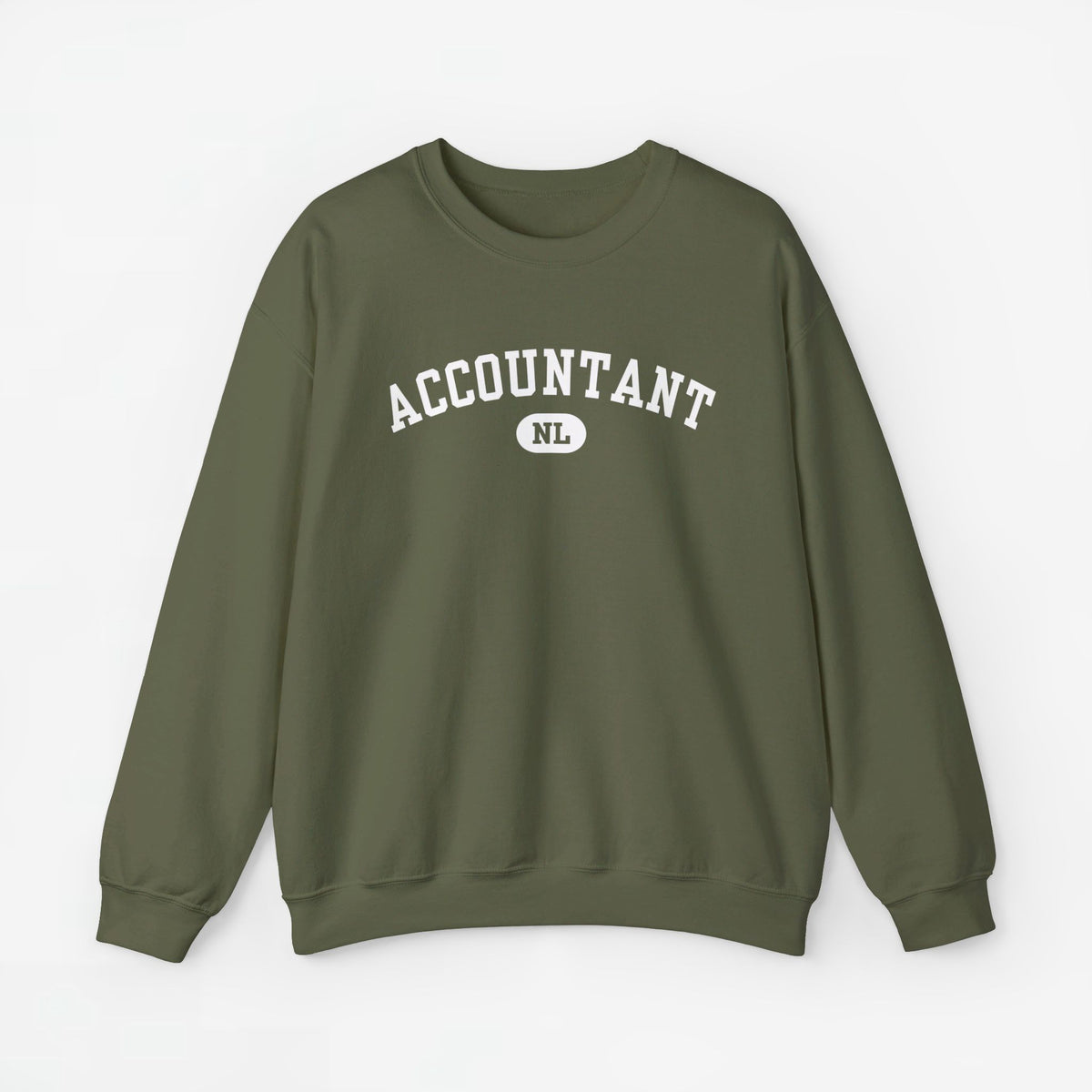 Olijfgroene trui met opdruk 'ACCOUNTANT' en rond logo 'NL'.