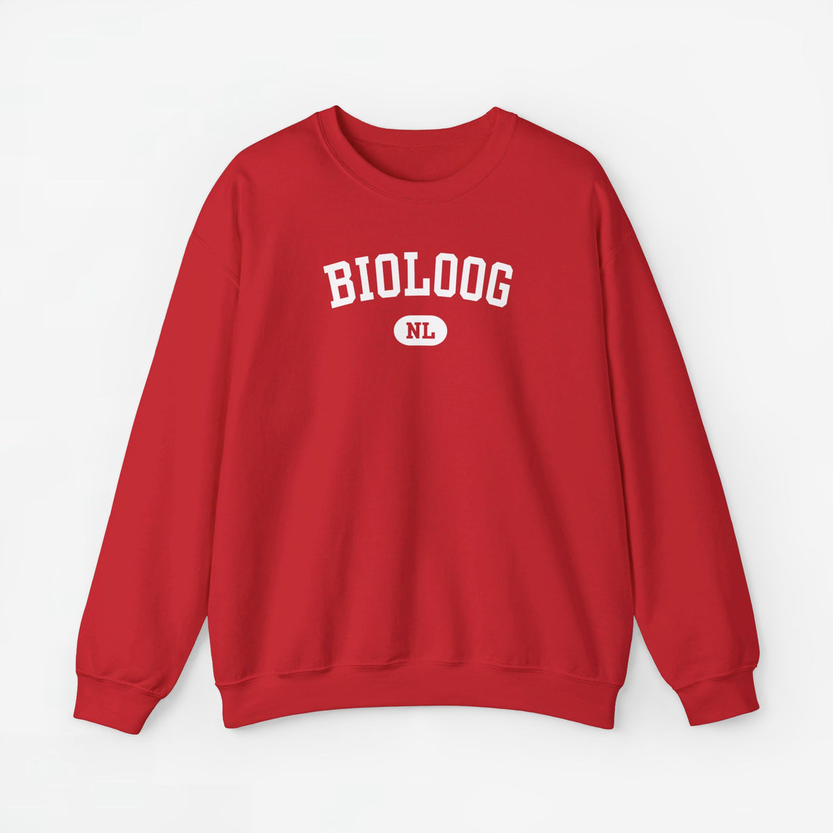 Rode trui met ronde hals en borstprint “BIOLOGOG” met rond “NL”-logo