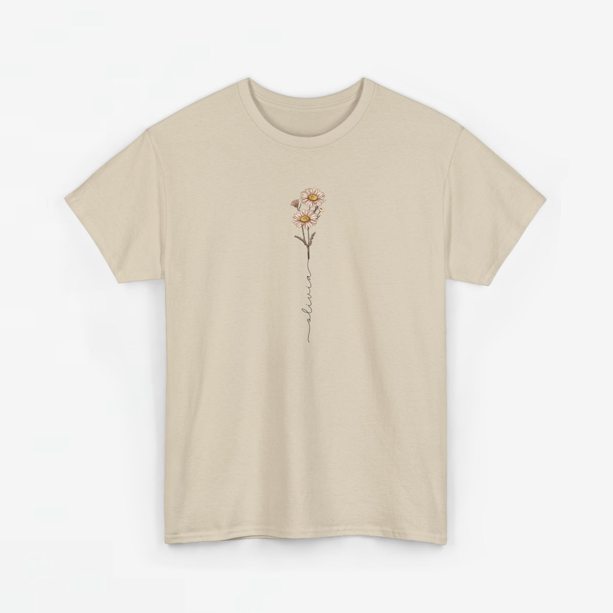 Zandkleurig T-shirt, bloemillustratie op de borst, ronde hals, korte mouwen