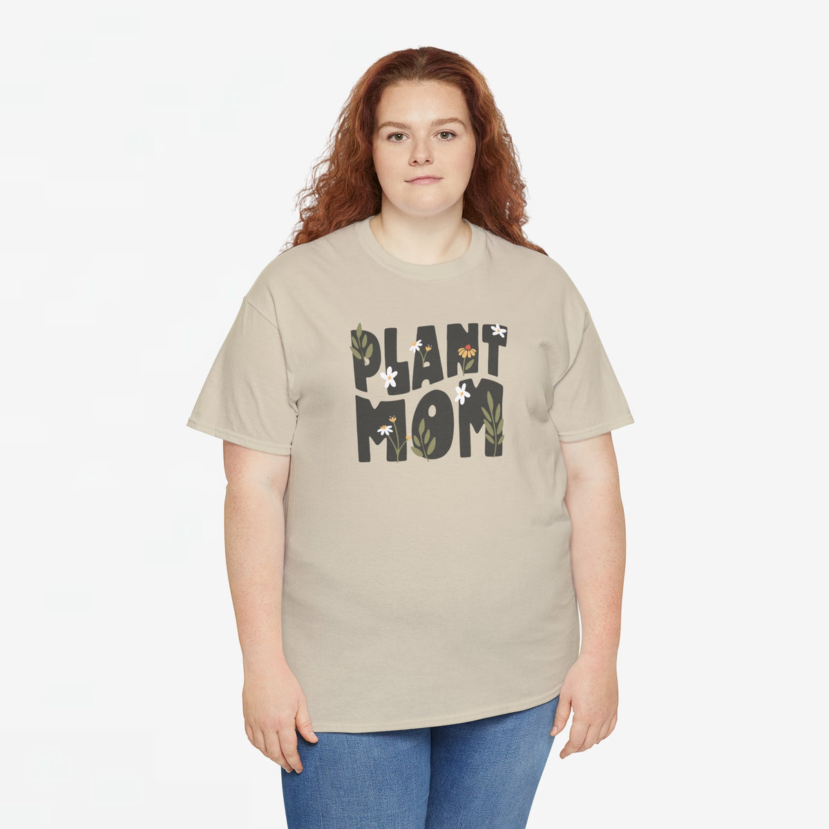 Oversized zandkleurig t-shirt met 'Plant Mom' plantenprint en korte mouwen.