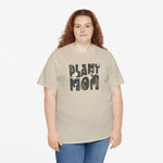 Oversized zandkleurig t-shirt met 'Plant Mom' plantenprint en korte mouwen.