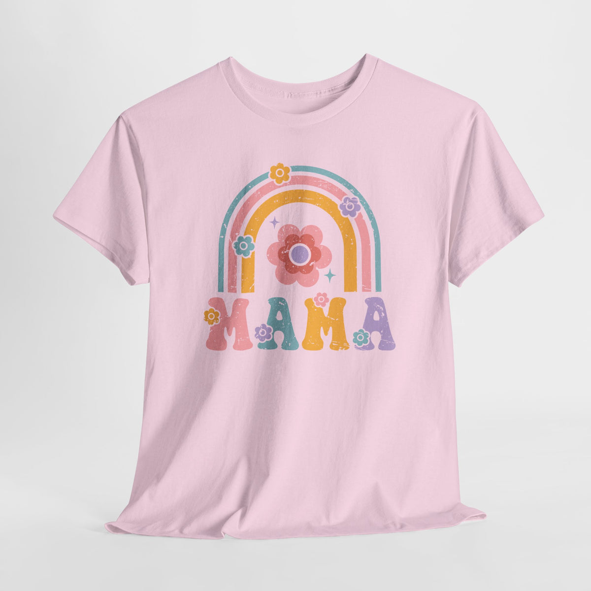 Roze T-shirt met regenboog- en bloemprint en 'MAMA' op de borst (voorzijde)