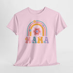 Roze T-shirt met regenboog- en bloemprint en 'MAMA' op de borst (voorzijde)