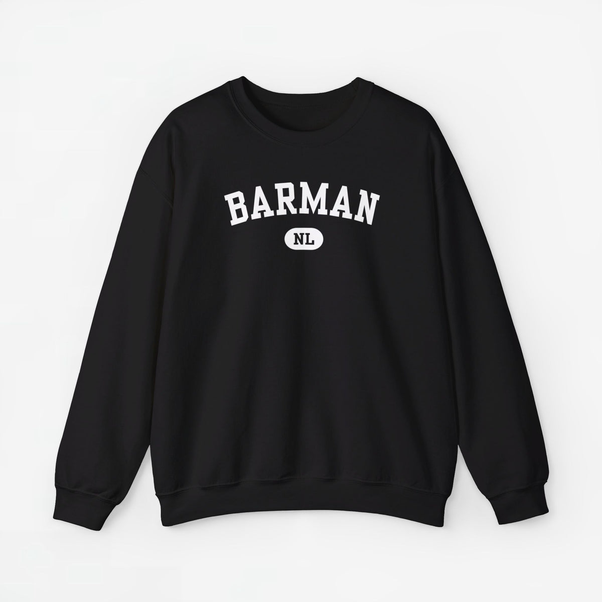 Zwarte trui met ronde hals en BARMAN print met NL-embleem op de borst
