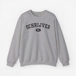 Grijze sweater met ronde hals en borstprint “SCHRIJVER” met NL-badge