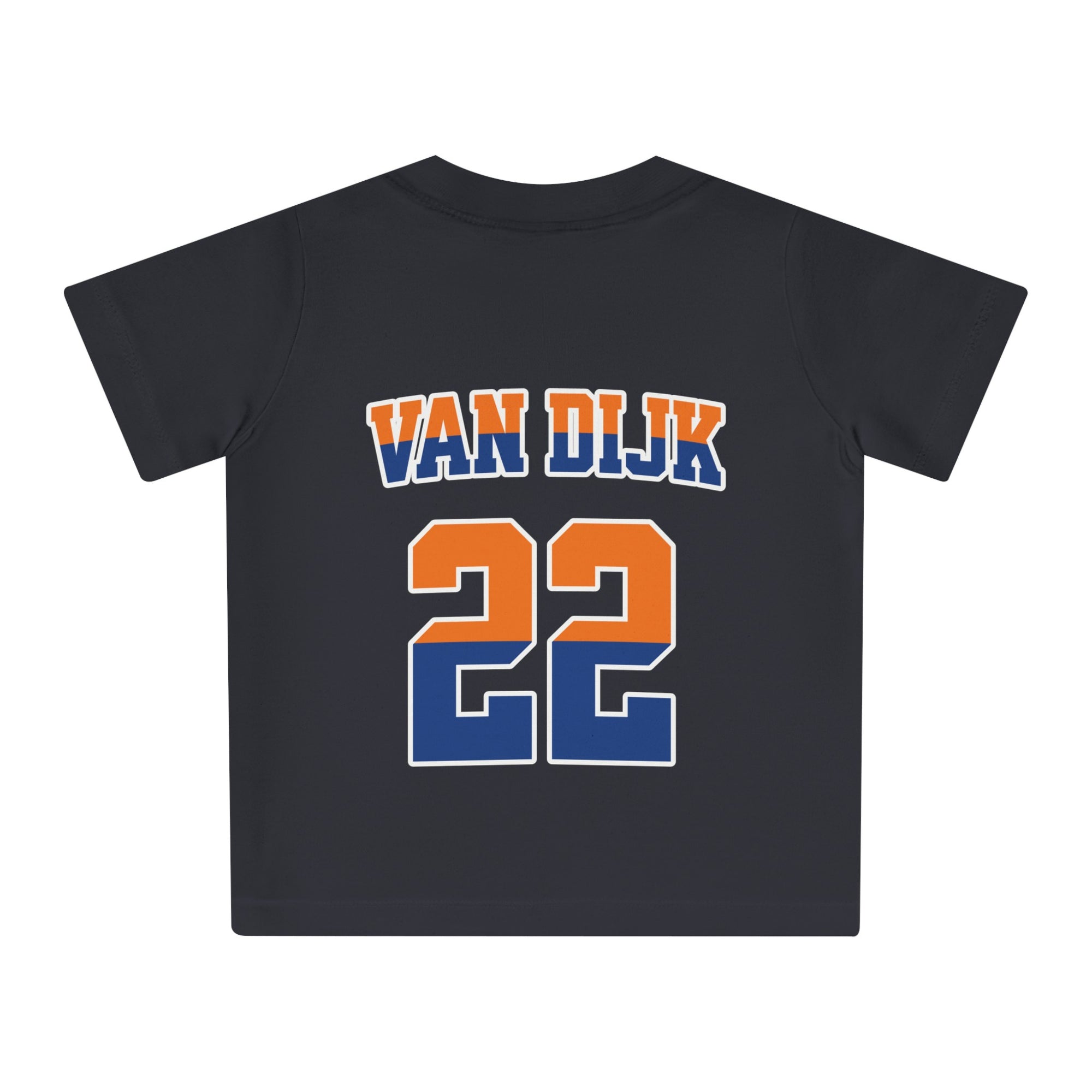 Baby T-shirt voor EK, WK en Koningsdag - Personaliseer met Naam, Jaar & Rugnummer - NEDERLAND (oranje en blauwe tekst)
