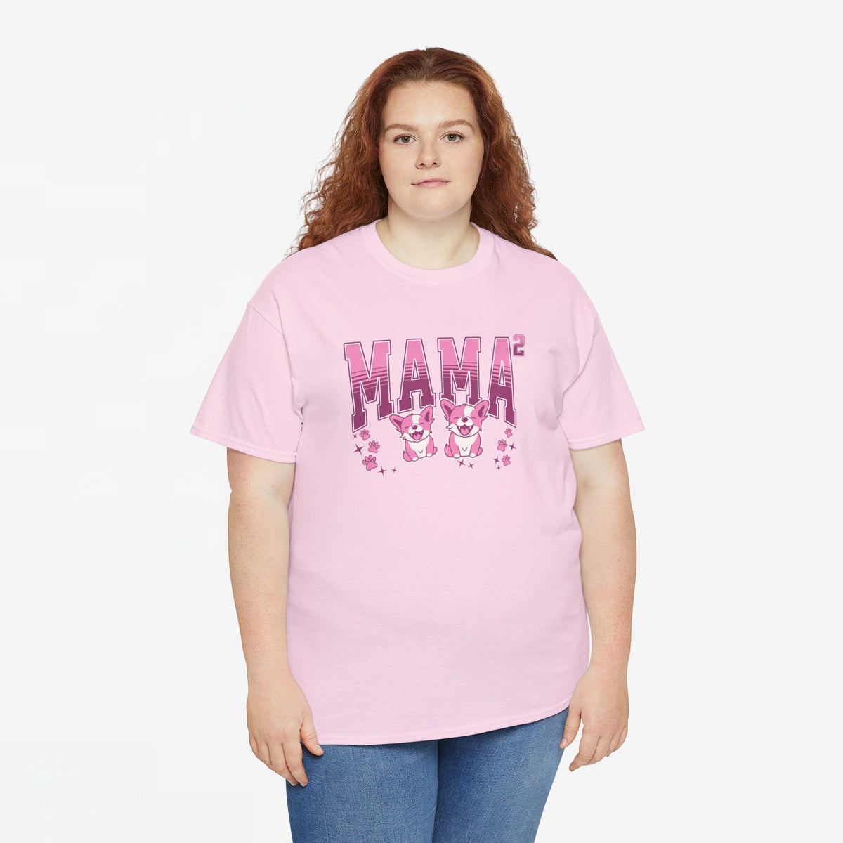 Roze oversized T-shirt met ronde hals en opdruk MAMA² met hondjes; losvallend model.