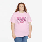 Roze oversized T-shirt met ronde hals en opdruk MAMA² met hondjes; losvallend model.