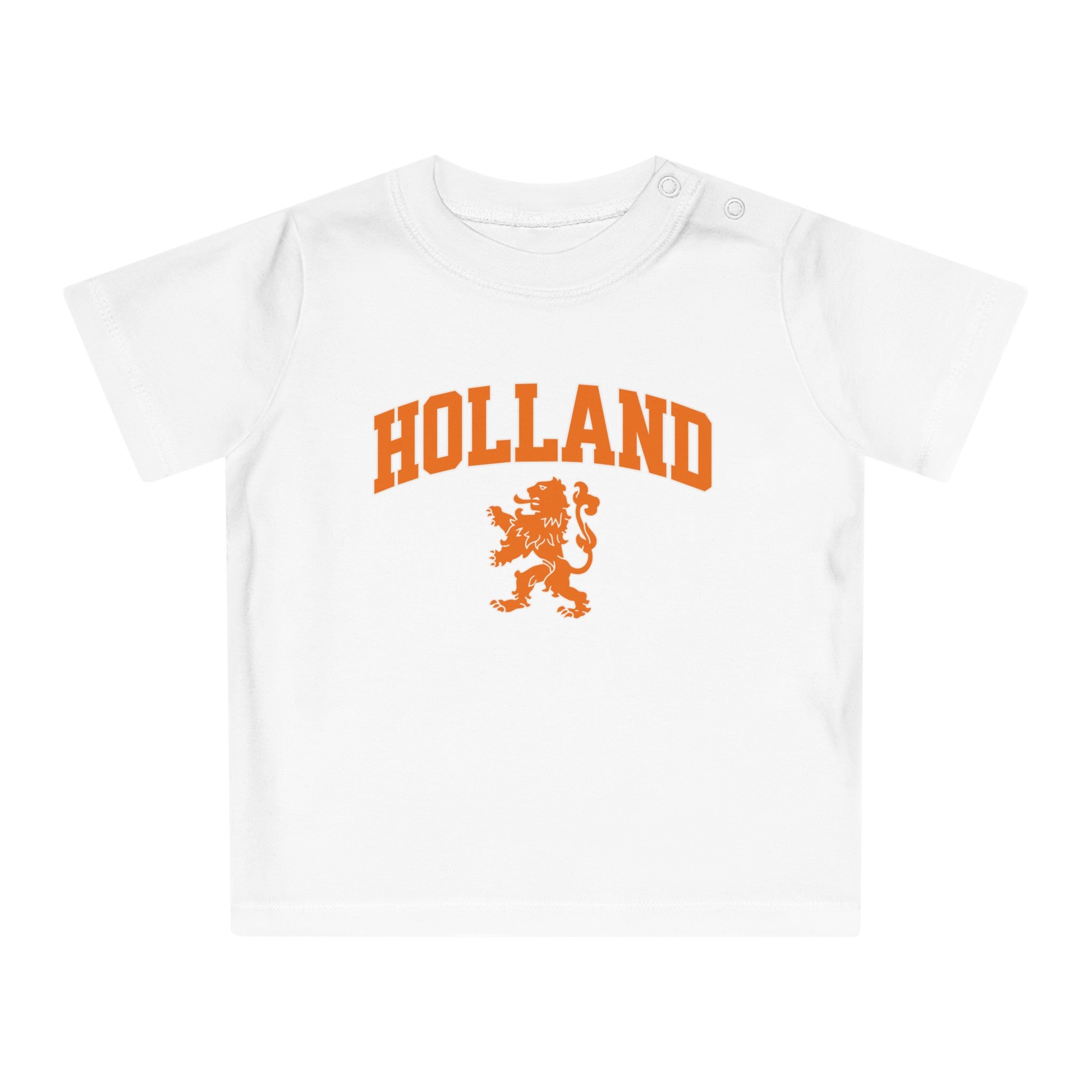 Baby T-shirt voor EK, WK en Koningsdag - Personaliseer met Naam & Rugnummer - HOLLAND met Leeuw