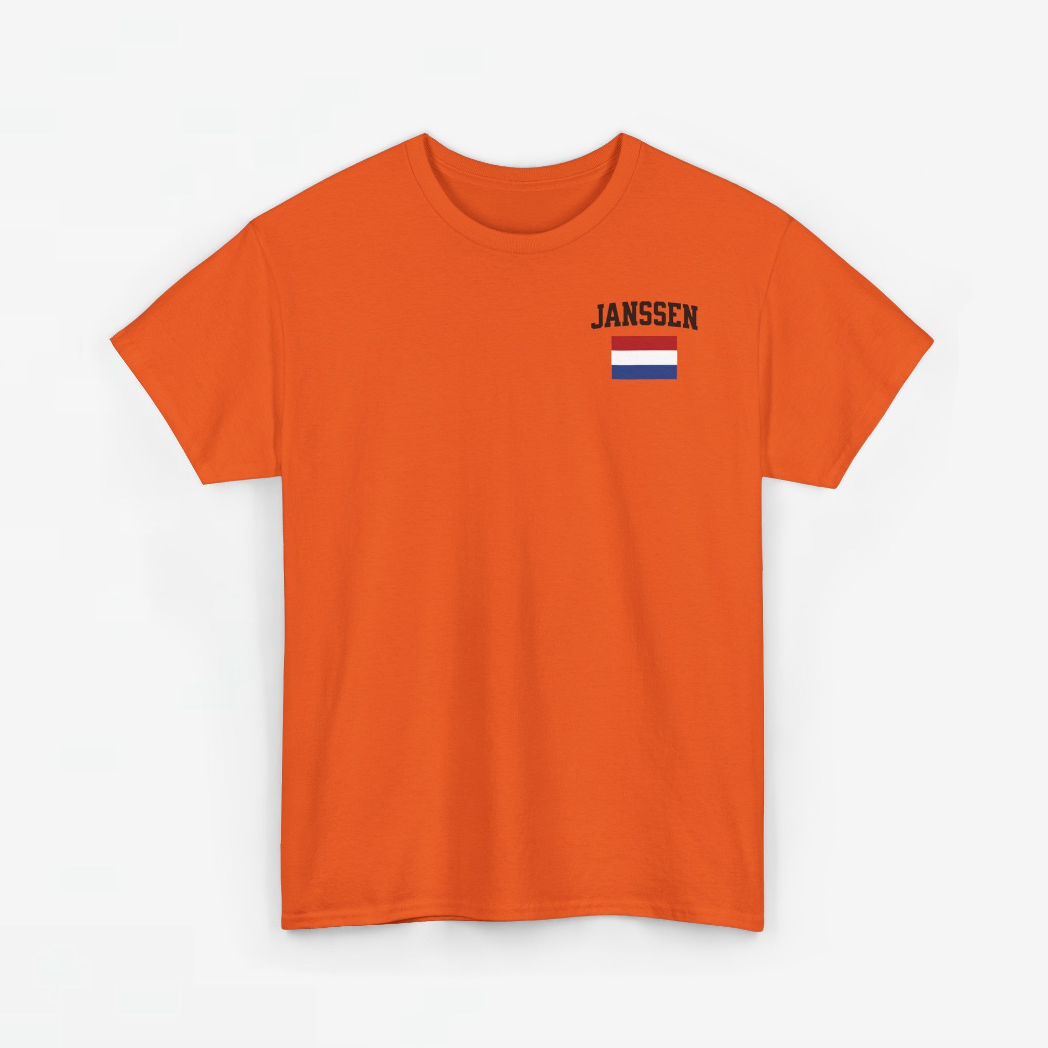 Oranje T-shirt voor EK, WK en Koningsdag - Personaliseer met Naam & Rugnummer - Nederlandse Vlag (zwarte tekst)