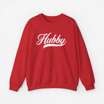 Sweatshirt rood met opdruk 'Hubby' en lange mouwen, ronde hals.