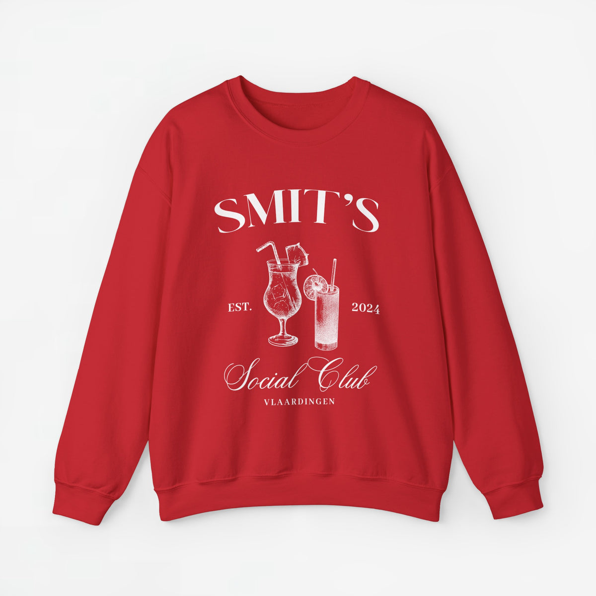 Rode sweatshirt met borstopdruk 'SMIT'S Social Club' en glazen