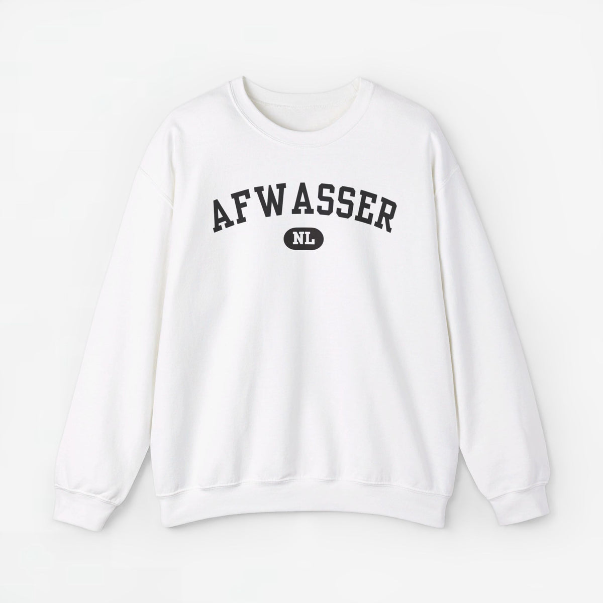 Witte trui met ronde hals en AFWASSER NL-print op de borst