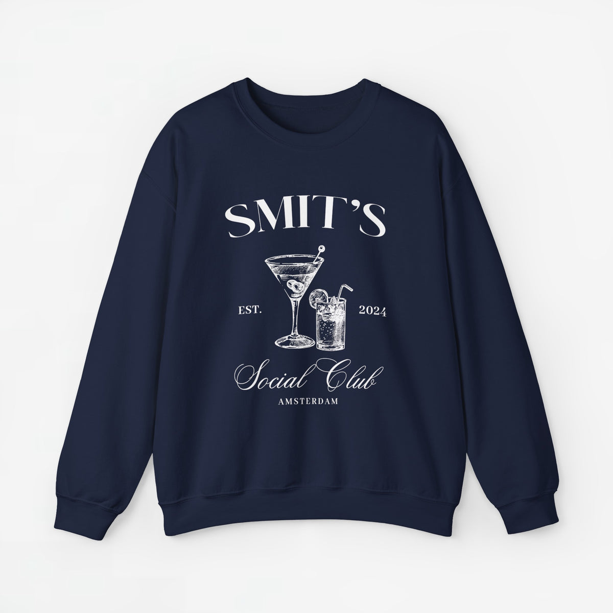 Navyblauwe sweater met SMIT'S Social Club cocktailprint, ronde hals en lange mouwen