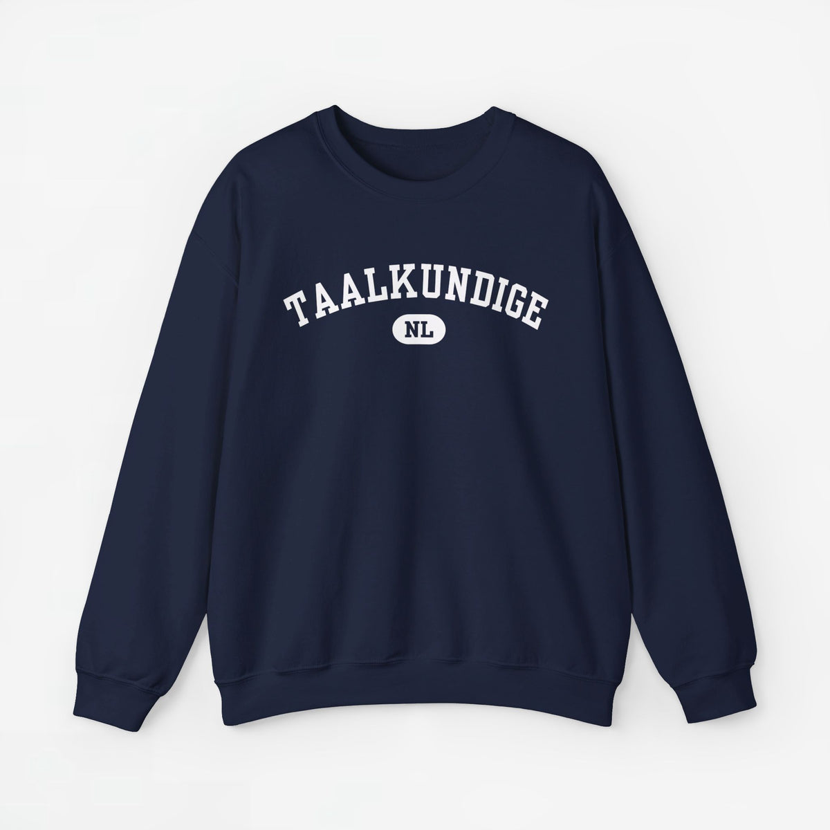 Taalkundige trui met borstprint TAALKUNDIGE en NL-logo, navy