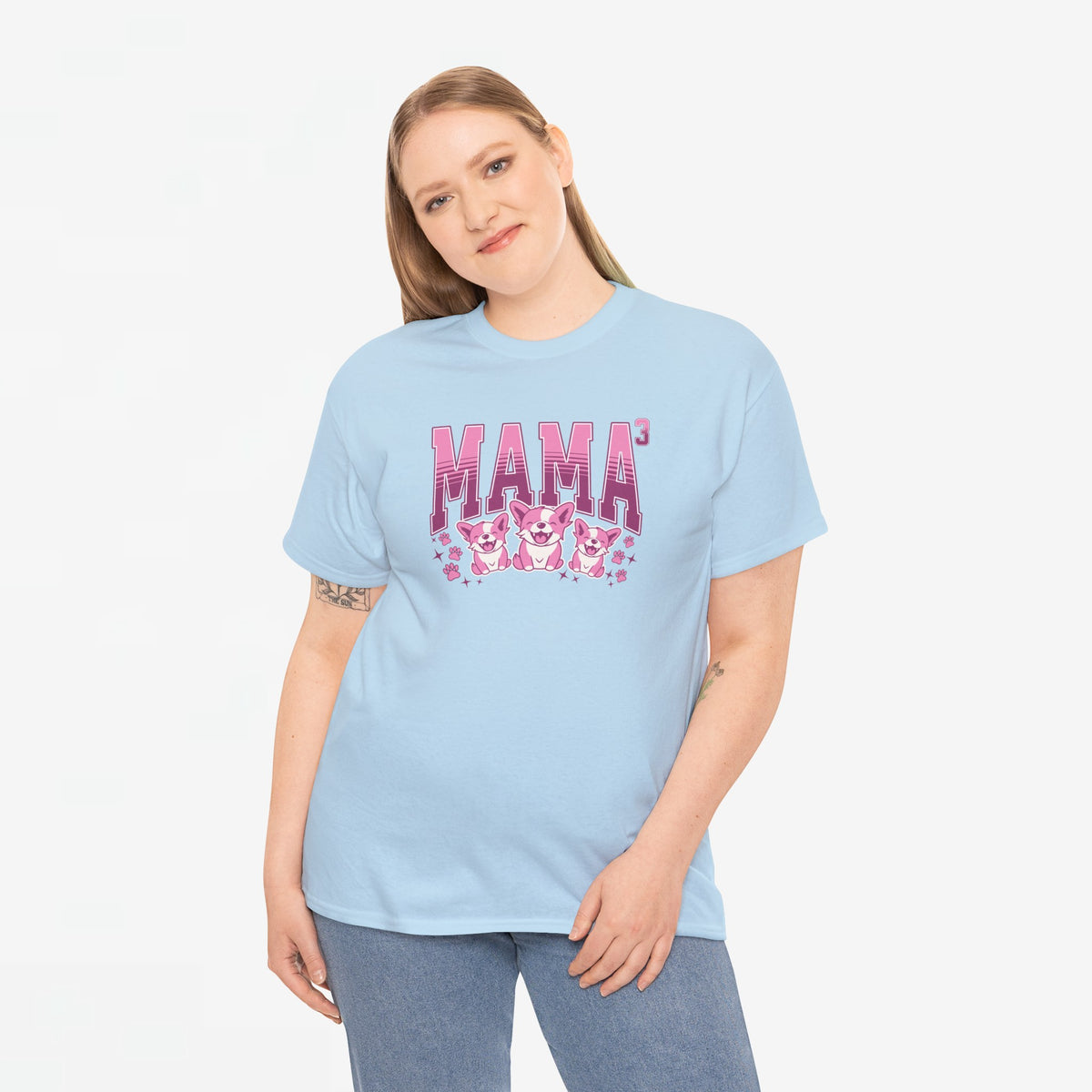 Lichtblauw oversized T-shirt met 'MAMA' print en illustraties, ronde hals