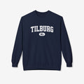 Navy varsitytrui met opdruk Tilburg en ronde hals, lange mouwen.
