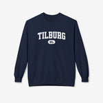 Navy varsitytrui met opdruk Tilburg en ronde hals, lange mouwen.