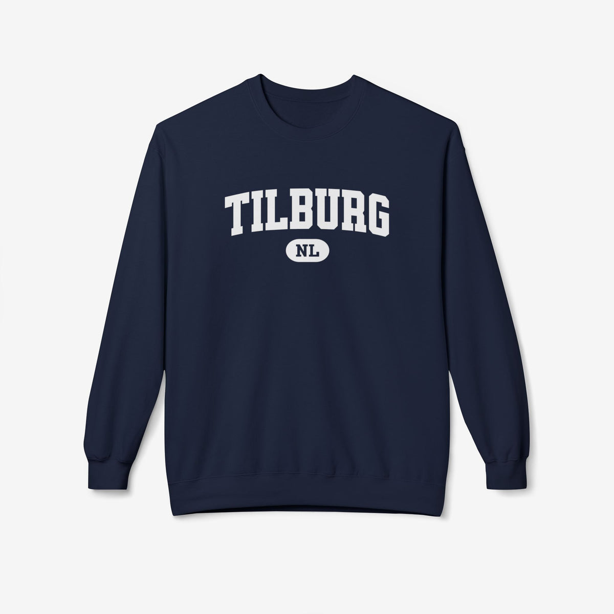Navy varsitytrui met opdruk Tilburg en ronde hals, lange mouwen.