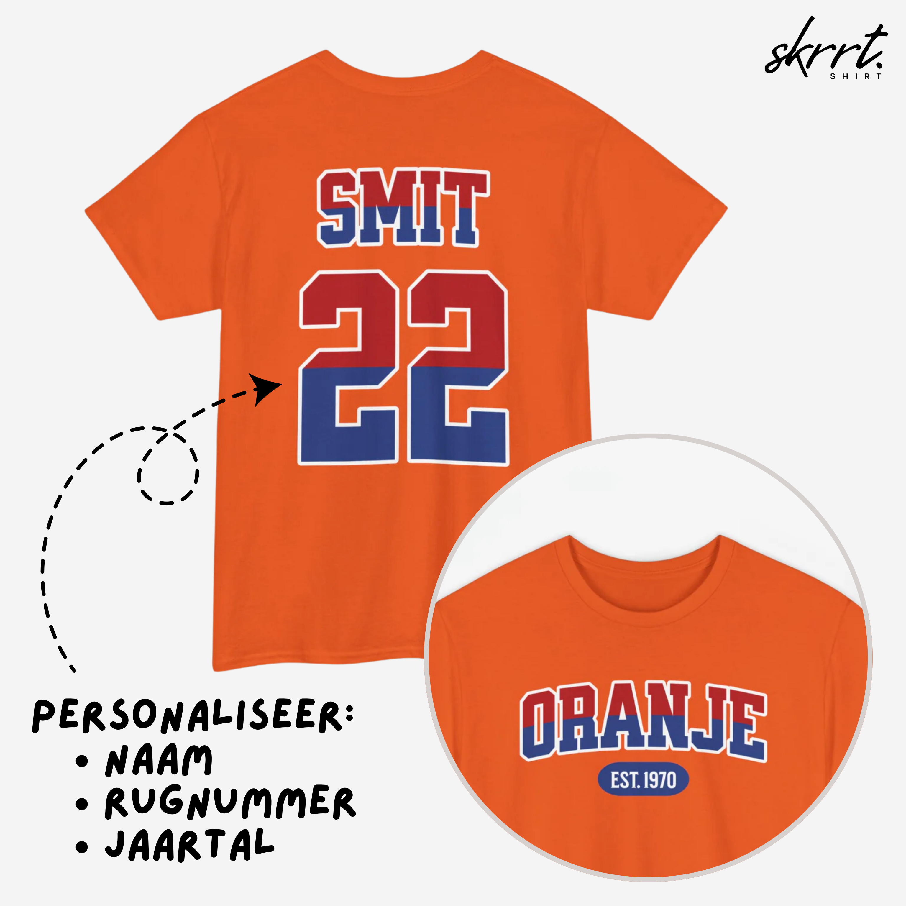 Oranje T-shirt voor EK, WK en Koningsdag - Personaliseer met Naam, Jaar & Rugnummer - ORANJE (rode en blauwe tekst)