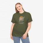 Legergroen T-shirt met bloemenboeketprint en naamtekst op de borst