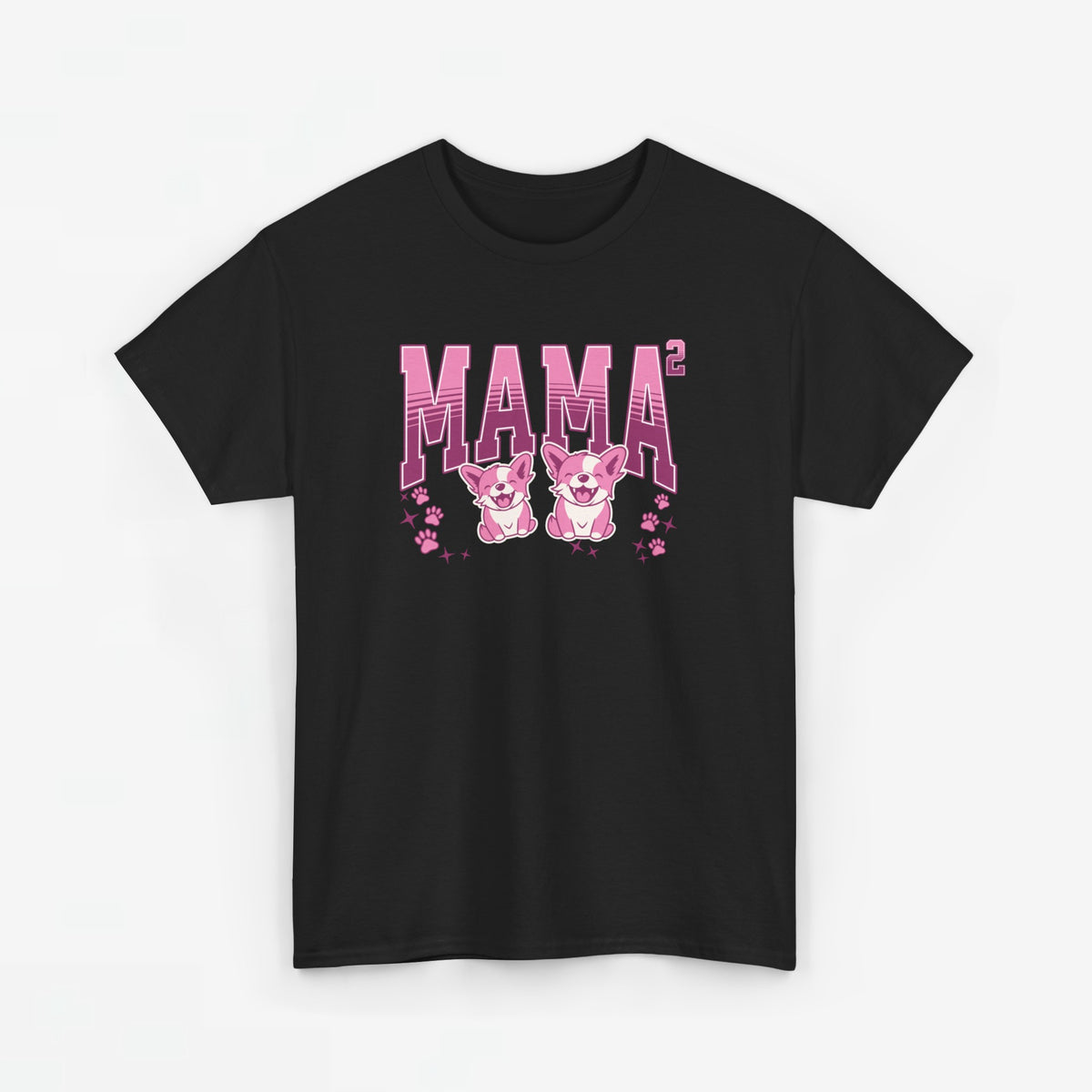 Zwarte T-shirt met roze “MAMA” print en twee kattenmotiefjes, ronde hals.