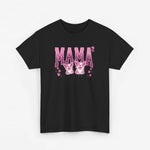 Zwarte T-shirt met roze “MAMA” print en twee kattenmotiefjes, ronde hals.