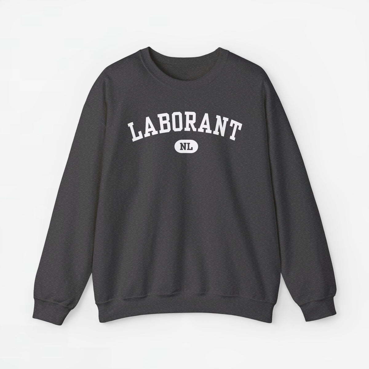Trui met lange mouwen, donkergrijze sweater met LABORANT NL-print op borst.