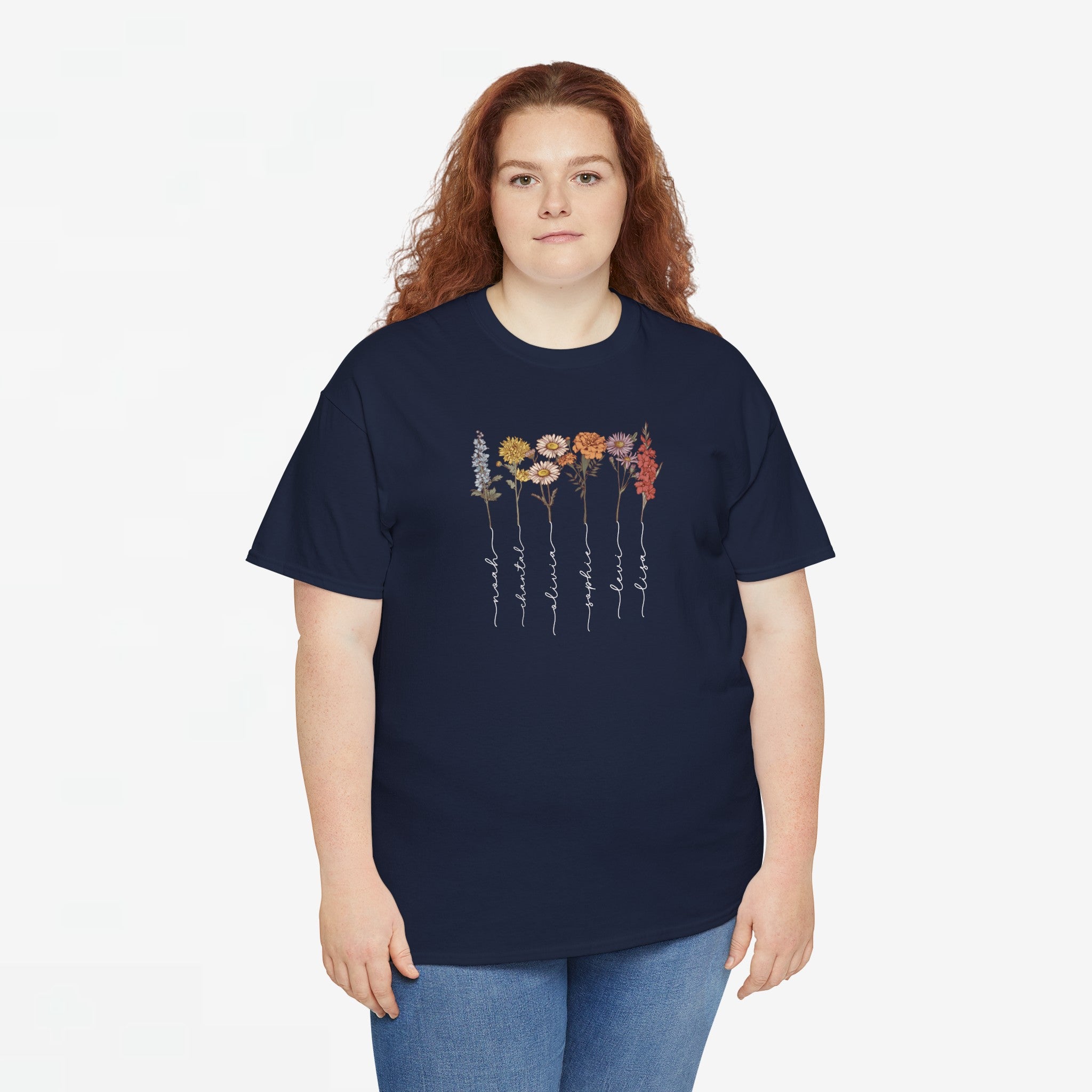 Gepersonaliseerde Moederdag Mama Cadeau - T-shirt - Geboortemaand bloemen met namen (witte tekst)
