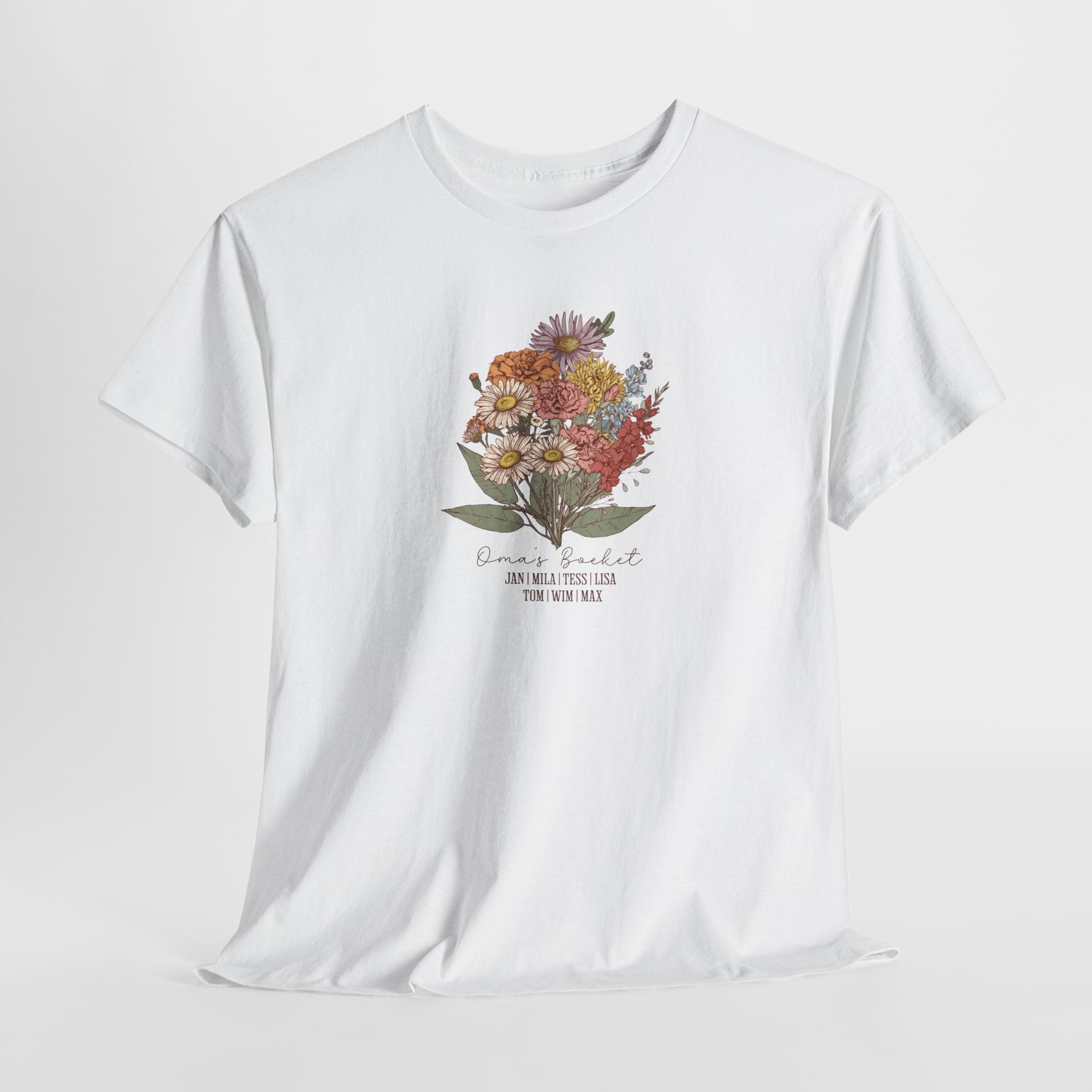 Gepersonaliseerde Moederdag Mama Cadeau - T-shirt - Oma's boeket met namen en geboortemaand bloemen