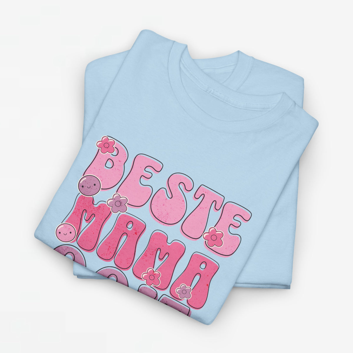 Lichtblauw oversized T-shirt met 'Beste Mama Ooit' opdruk en roze dierenillustratie.