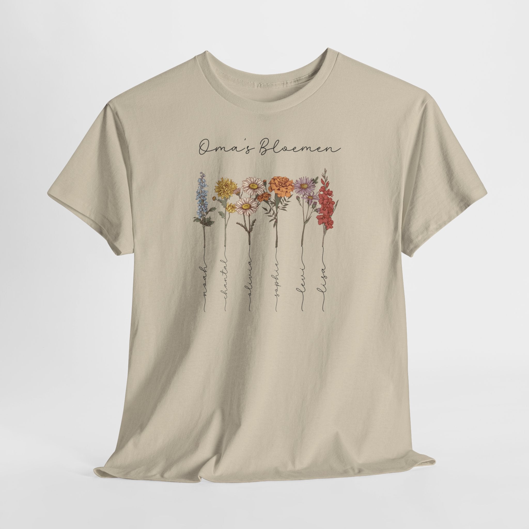 Gepersonaliseerde Moederdag Mama Cadeau - T-shirt - Oma's Bloemen met namen en geboortemaand bloemen (zwarte tekst)