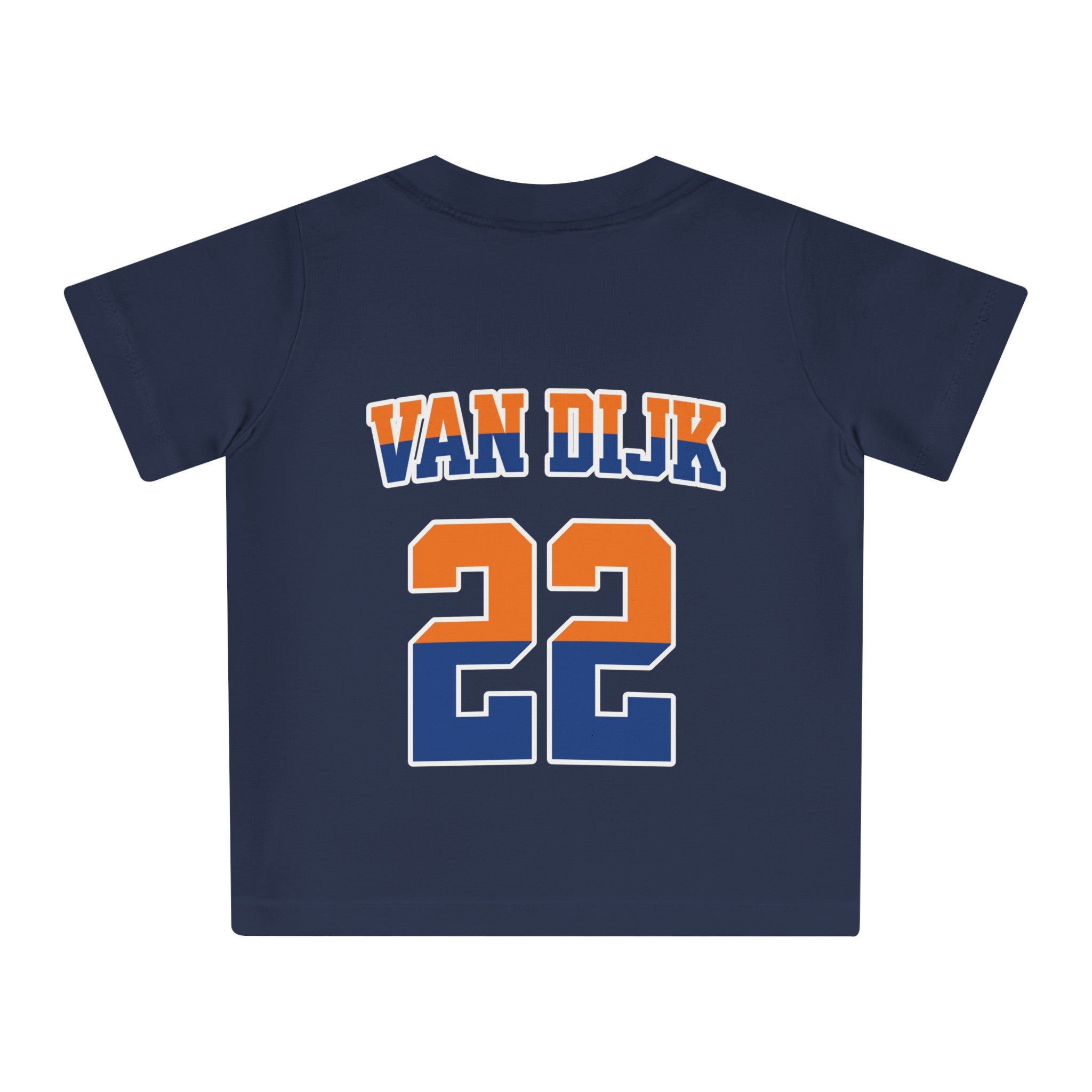 Baby T-shirt voor EK, WK en Koningsdag - Personaliseer met Naam, Jaar & Rugnummer - HOLLAND (oranje en blauwe tekst)