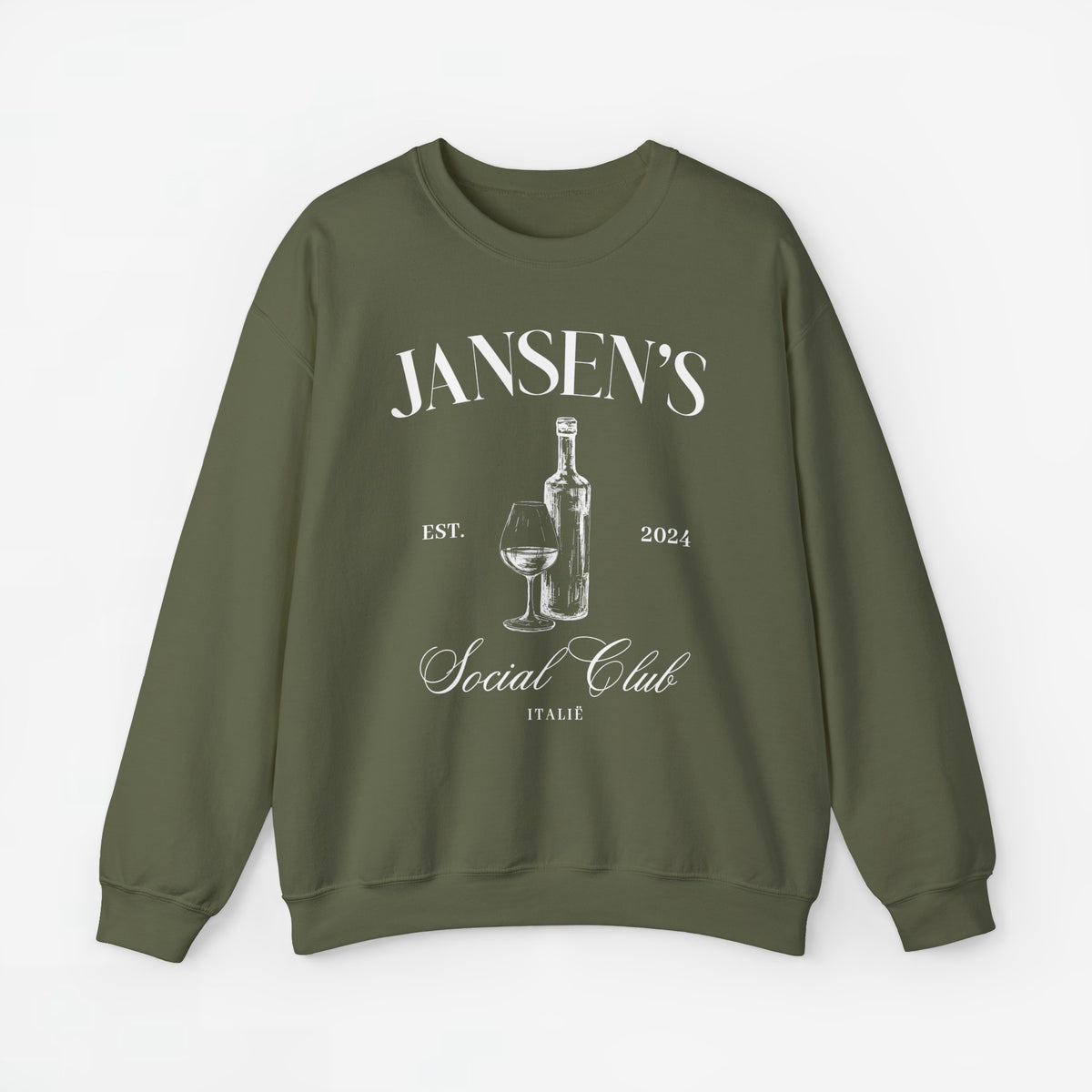 Olijfgroene sweater met ronde hals en opdruk van fles en wijnglas op de borst